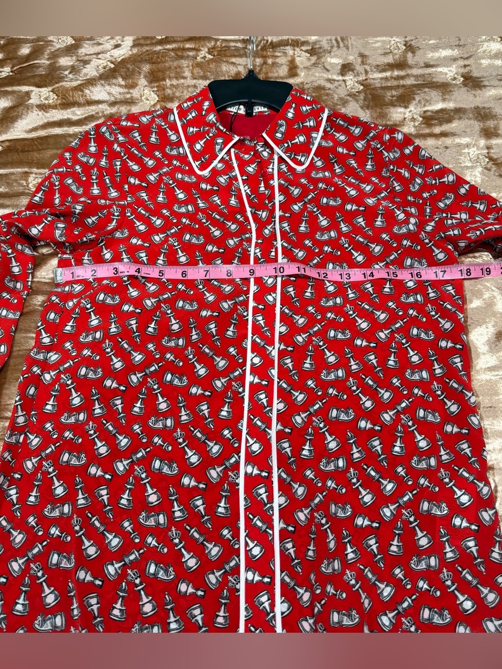 Alice + Olivia Willa Chess Piece Print Silk Button-Up Shirt - Picture 7 of 8
